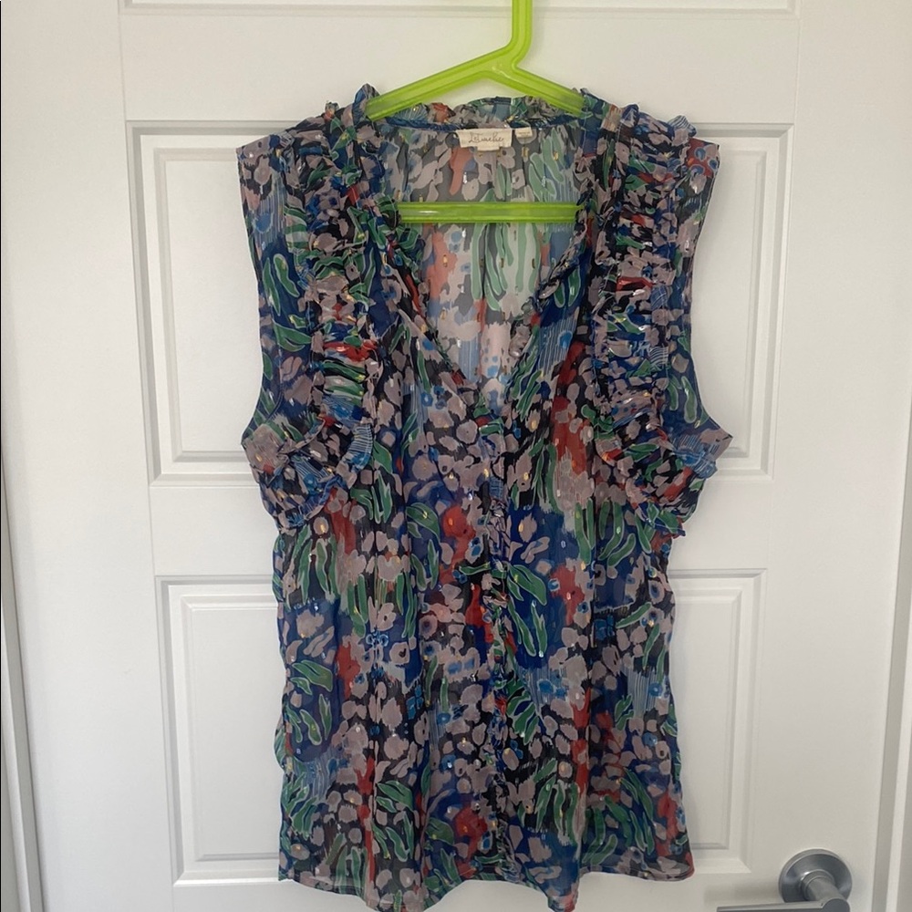 Anthropologie Black Ruffled Sleeveless Blouse buttons gold shimmer sexy